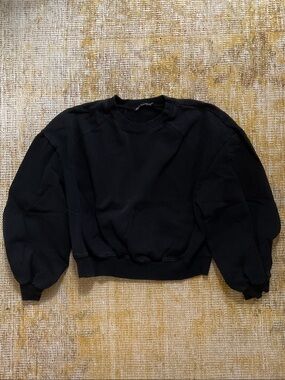 Zara Black Puff-Sleeve Cropped Crewneck Sweatshirt